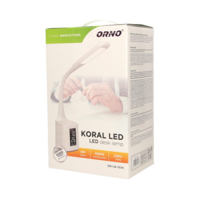 Lampka biurkowa z pojemnikiem na długopisy LED 6W,budzikiem, 200lm, 4000K, biała KORAL OR-LB-1534 ORNO (OR-LB-1534)